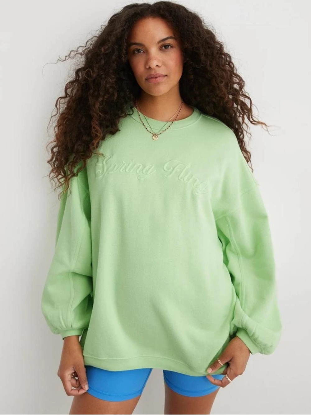 Aerie Women’s Pleated Oversized Sleeve Real Fleece Crew Sweatshirt Green Size S